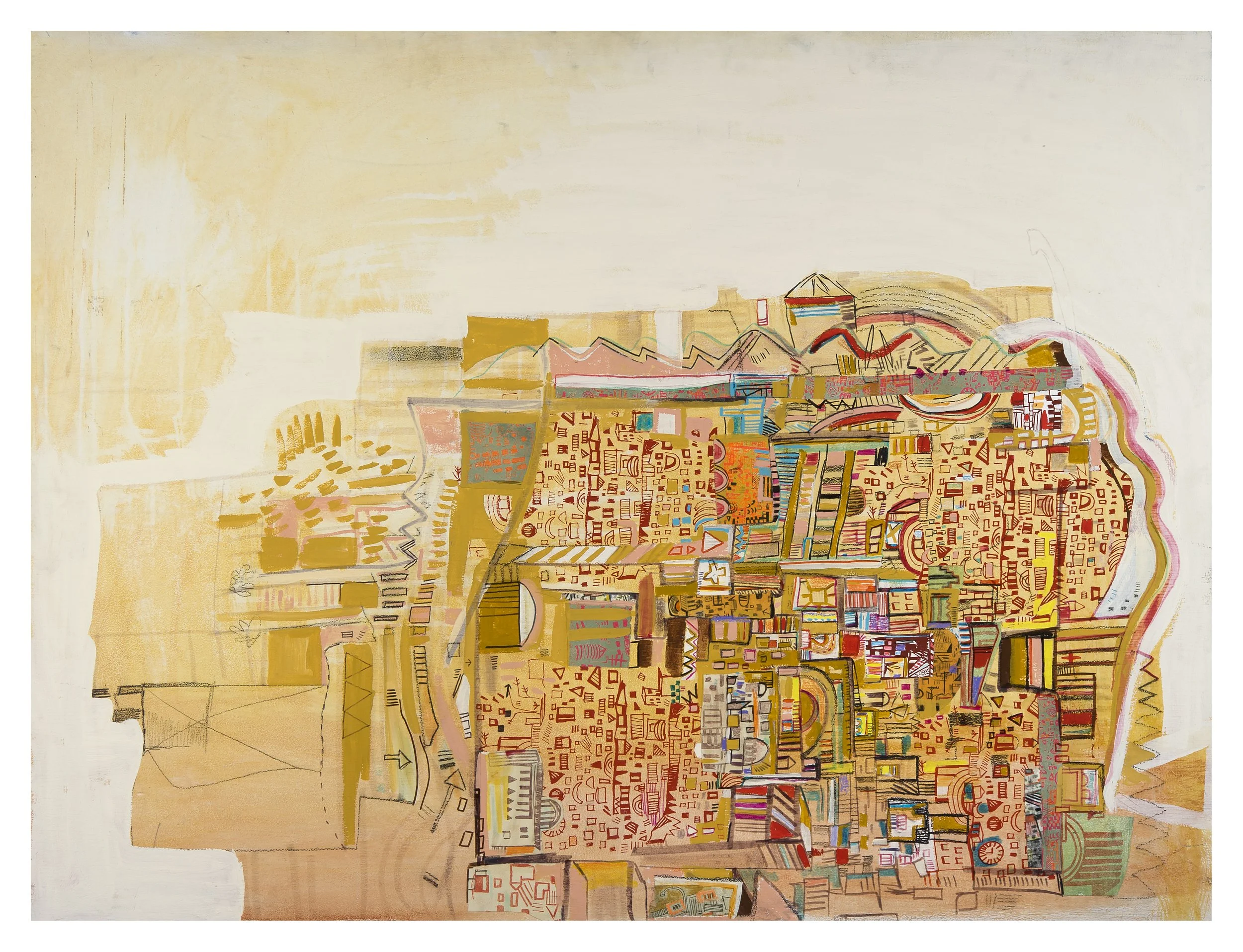  upside down world  | pencil, ink, marker, screen print, acrylic, and collage adhered to panel | 37" x 49" | 2013. 