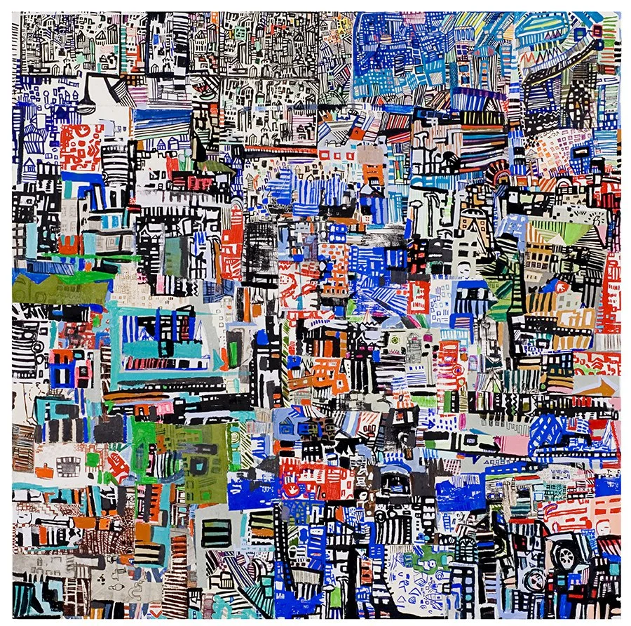  port of transhipment  | acrylic paint and print collage on panel | 36" x 36" | 2008.  