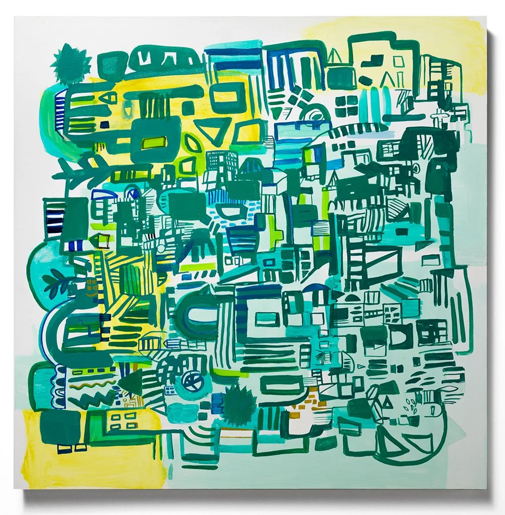  Souvenirs 3  36 × 36 in., acrylic on panel, 2024. Link to purchase:  Paradigm Gallery.   