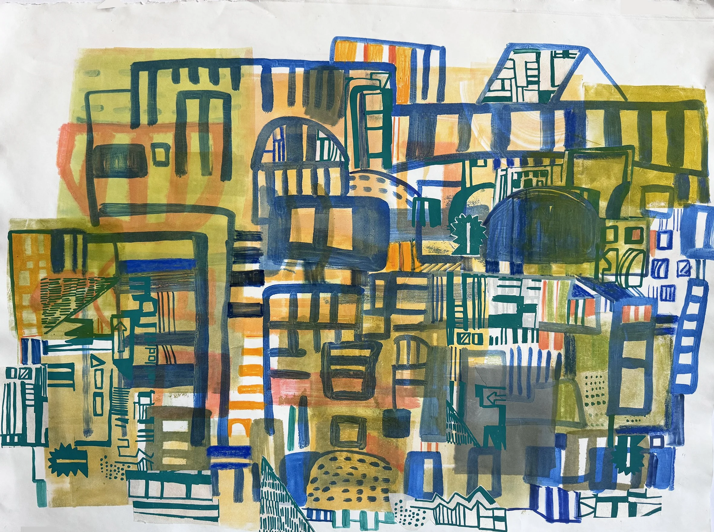  Blue Map 8 — pencil, marker, gouache, screenprint, collage, monoprint on paper — 23" × 29" — 2025.  Link to purchase  