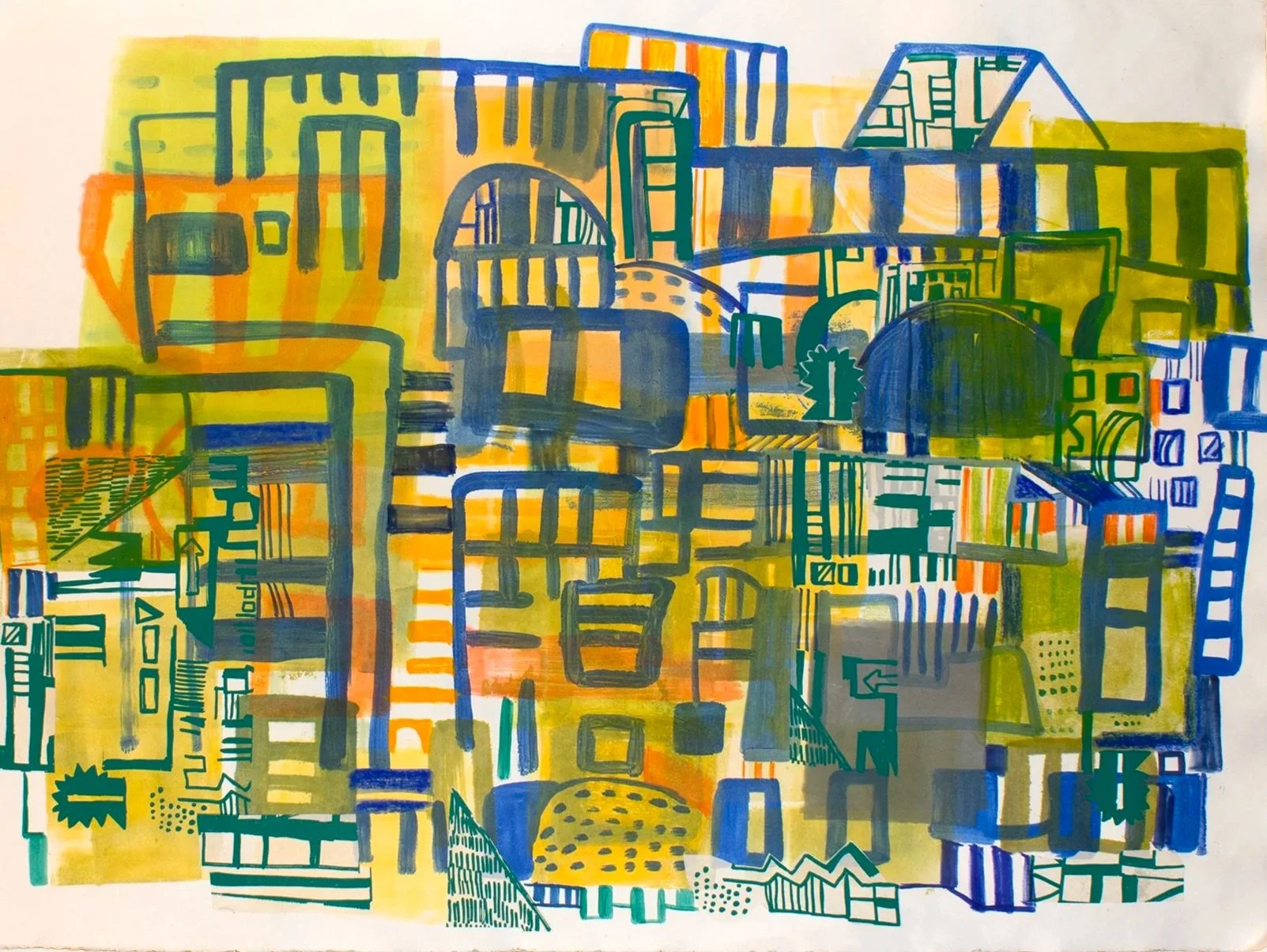  Blue Map 8 — pencil, marker, gouache, screenprint, collage, monoprint on paper — 23" × 29" — 2025.  Link to purchase  