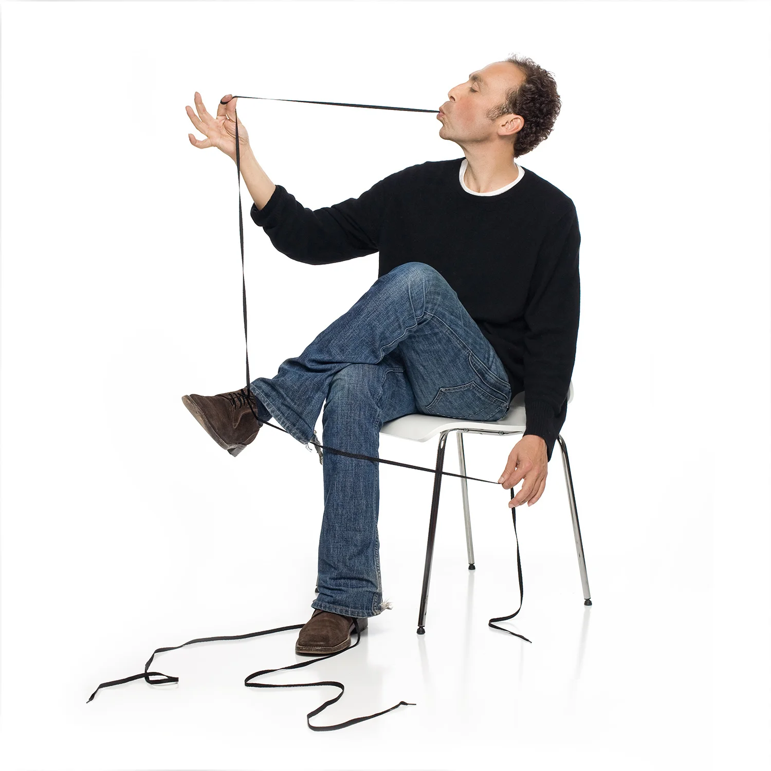  I wanted to do something with really long shoelaces. It just seemed like a quirky idea at the time. We played around with some expressions and scenarios of what we was doing with them, &nbsp;when he went into using the laces like long spaghetti. I l