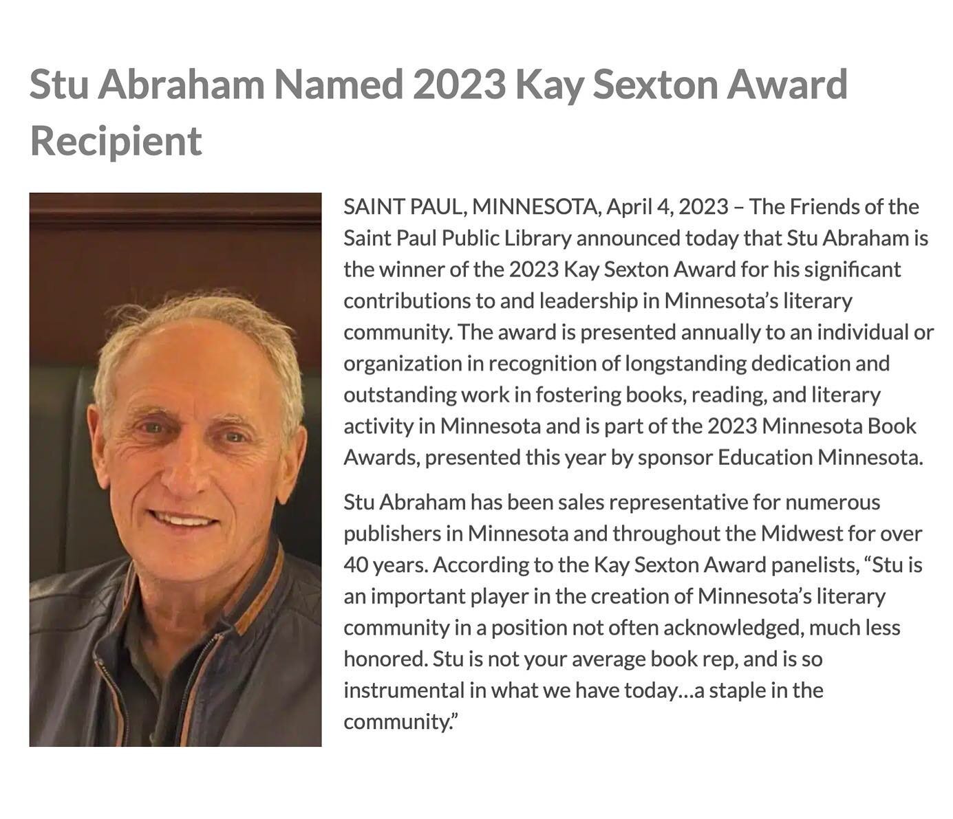 We are beyond thrilled to share that our very own Stu Abraham has been named the 2023 Kay Sexton Award Recipient!!!

We could go on and on about how deserving he is of this honor, but for now we&rsquo;ll just say that we&rsquo;re so grateful for ever