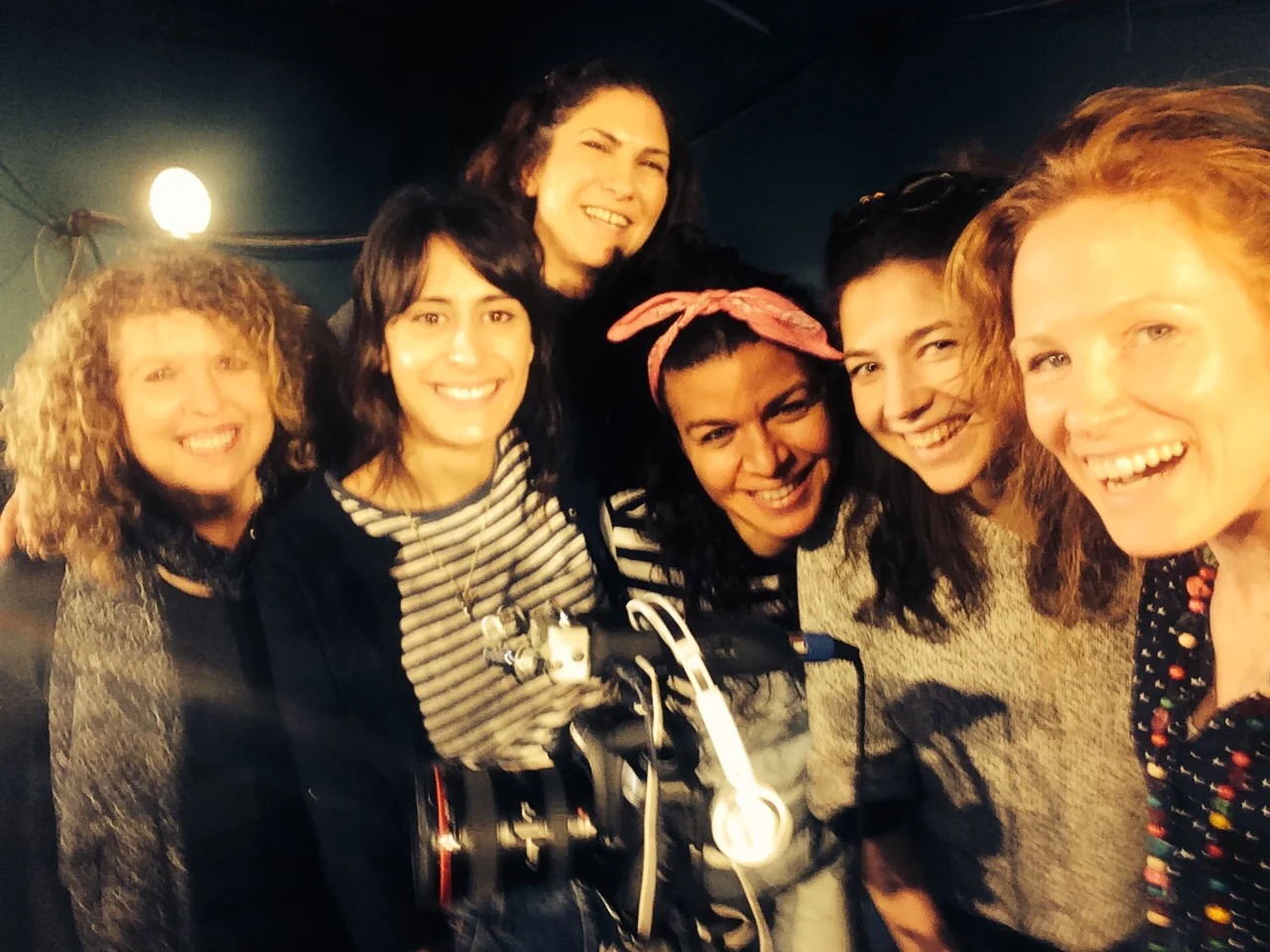 L-R Royal Court's Elyse Dodgson, actress Shereen Martin, filmmaker Maya Sanbar , actress Sirin Saba, theatre director Caitlin Mcleod and filmmaker Georgie Weedon at the Royal Court London on the stage of FIREWORKS March 2015