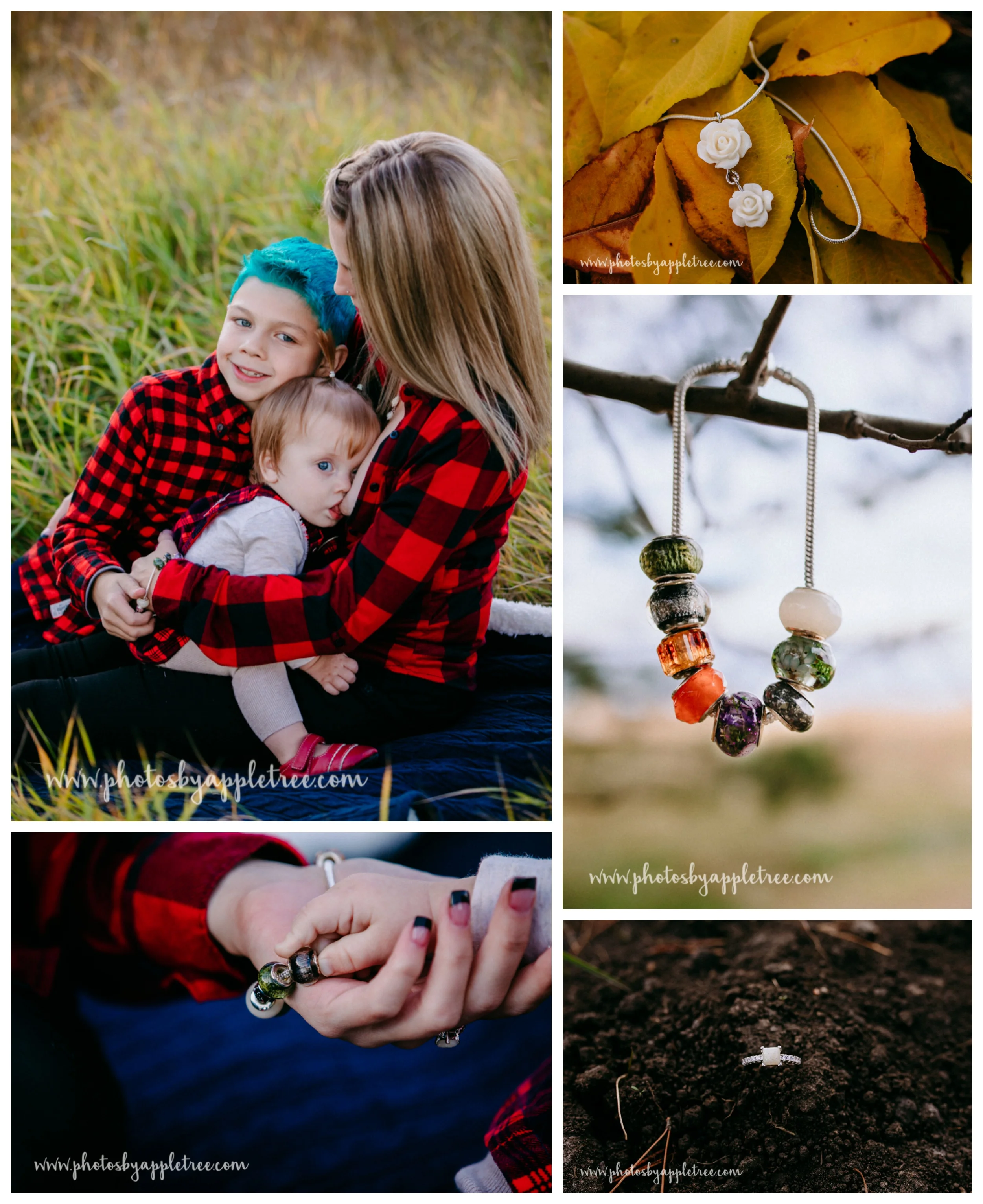 Q. I know the Pandora style bracelet is a personal piece of yours, what are the beads made with? A: Left to right in photo above: Wrap scrap, Grandpas shirt, Amber teething necklace, Caul and dried flowers, Dry flowers and shells, Beach sand, Dried flowers, Breast milk