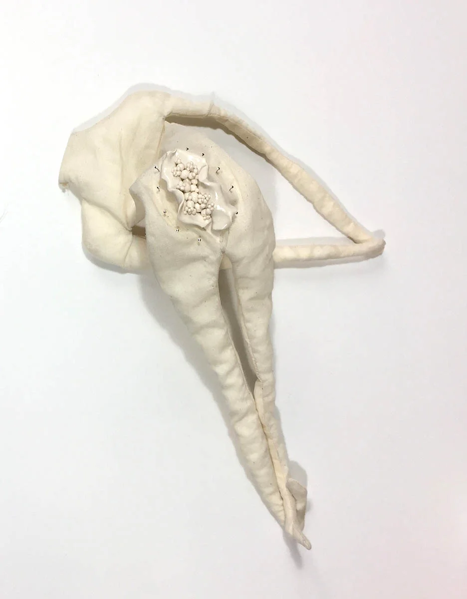 Muslin, pins, clay, cotton 14" x 5" x 4" 2017