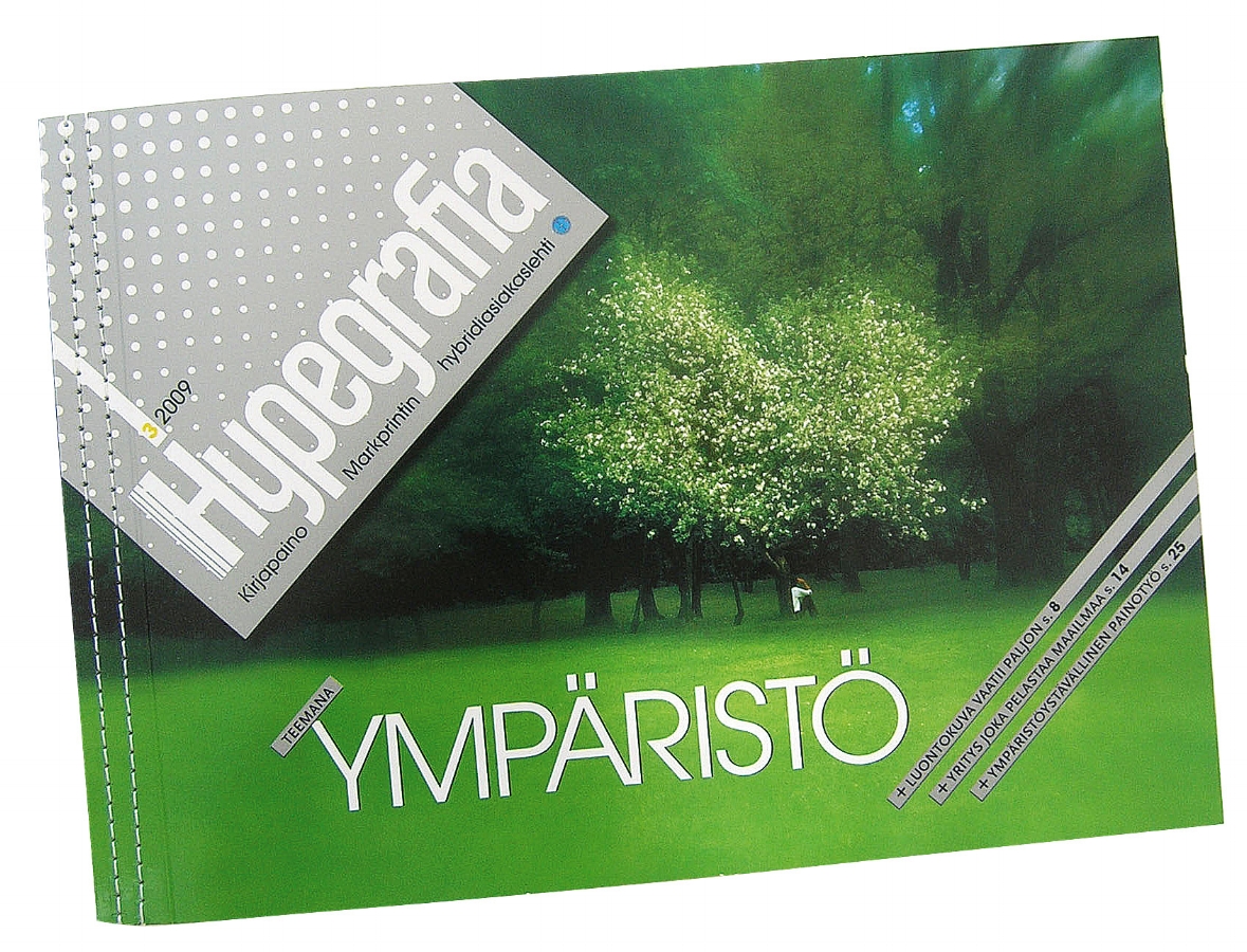 The cover of the 2nd issue of Hypegrafia . The theme in this issue was ecological printing & environment. The cover was printed in 4-color process with Pantone silver & UV-varnish and bound with thread.