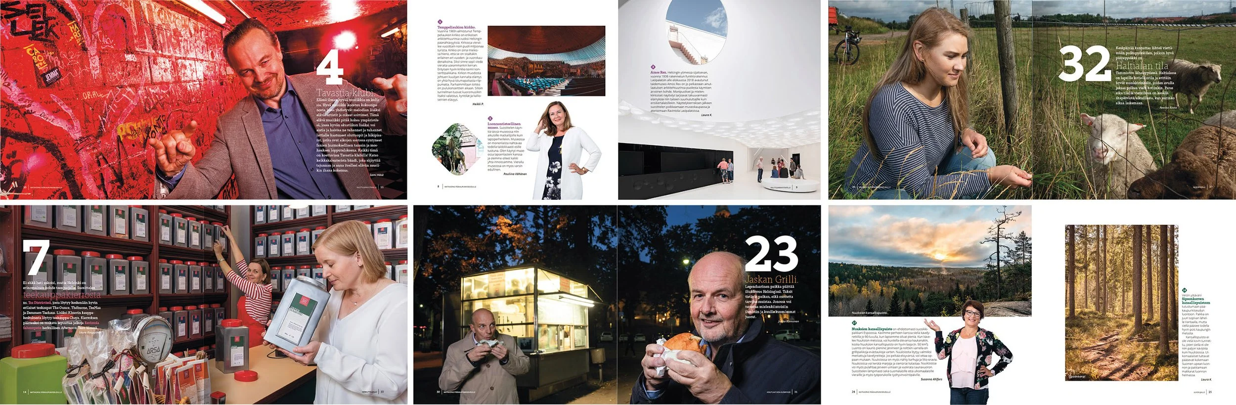  Samples of spreads showing LähiTapiola people in their own favorite places in the Helsinki capital area.  Photography by  Make Photo  