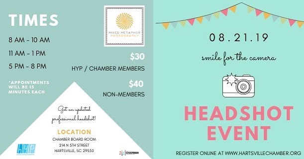 Need to update your professional headshot? Join us tomorrow at the Greater Hartsville, SC Chamber of Commerce.
Hartsville Young Professionals and Chamber members will have the opportunity to update their professional portrait with Mixed Metaphor Photography for on $30! Non-Members will only pay $40!
Register here: http://www.hartsvillechamber.org/events/details/2019-hyp-headshot-event-894 📸