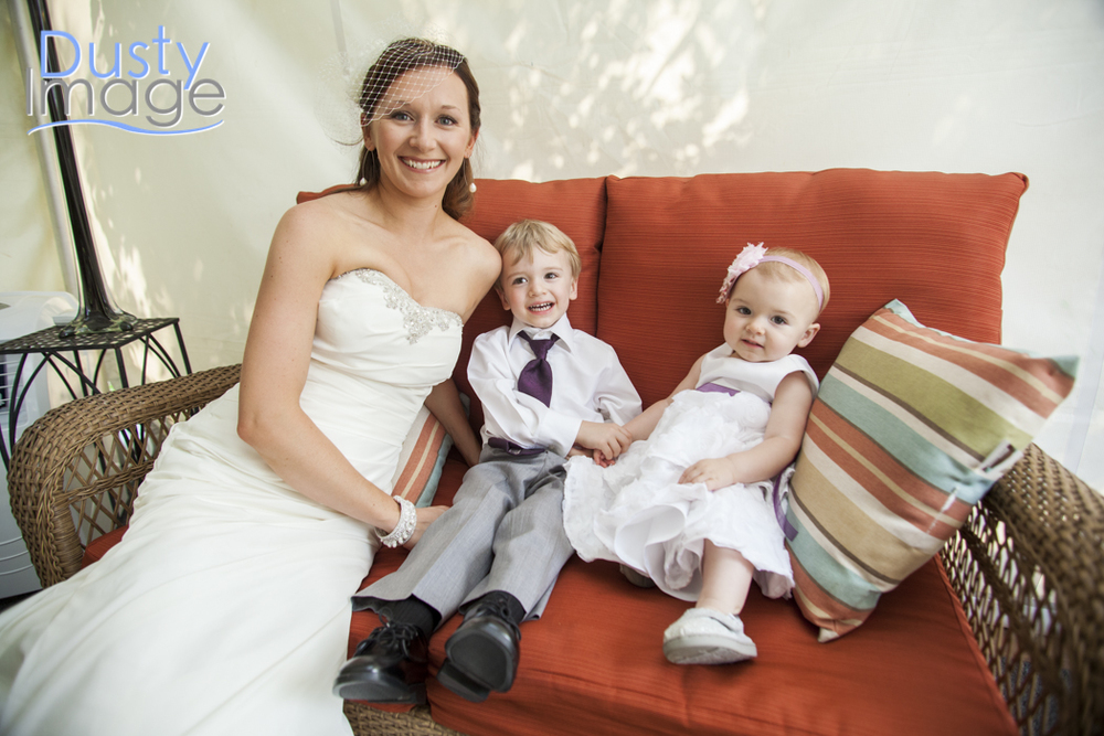 Jennifer in the bridal tent with son Trevor and daughter Chloe.
