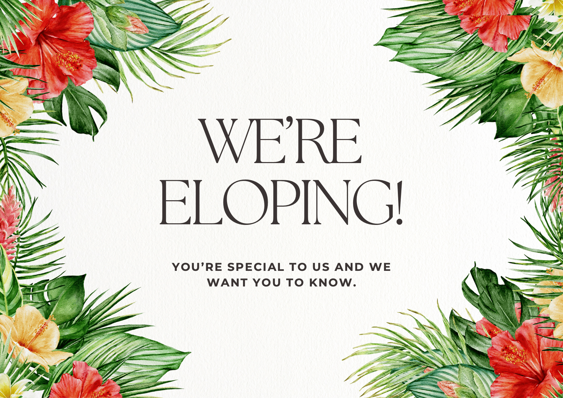 Elopement announcement card with red and yellow tropical flowers and lush green leaves.