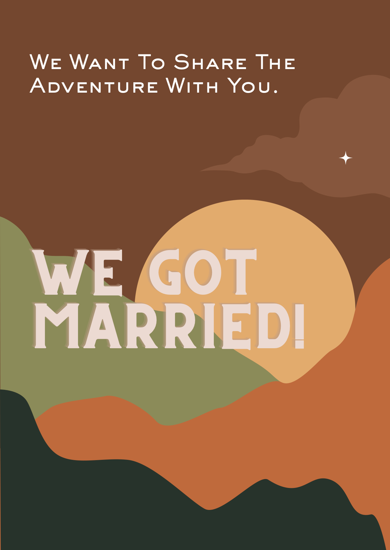 Elopement announcement card with a setting sun and browns, oranges and greens for the color palette.