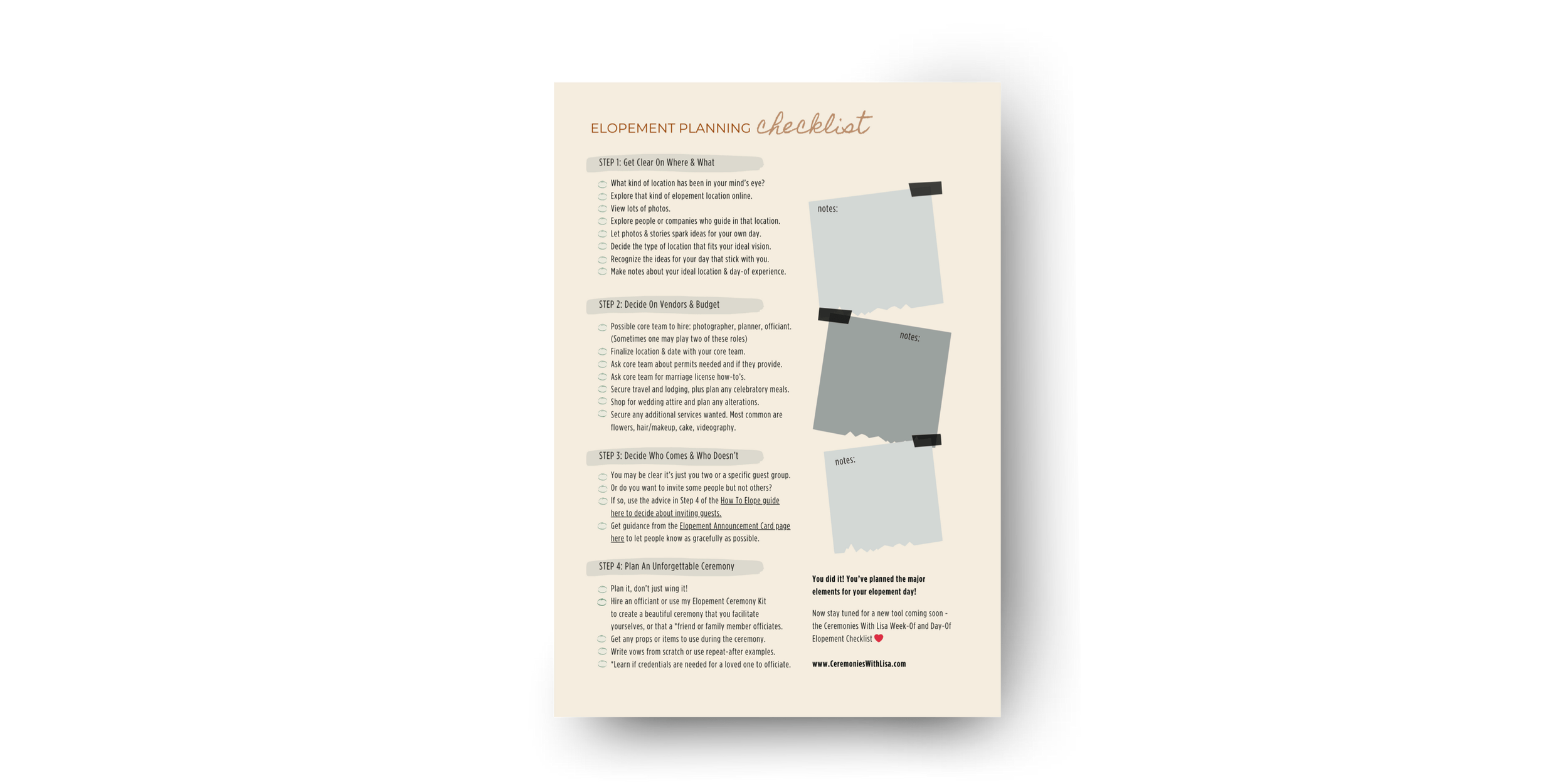 Image of an elopement planning checklist with items to check off and areas for notes.