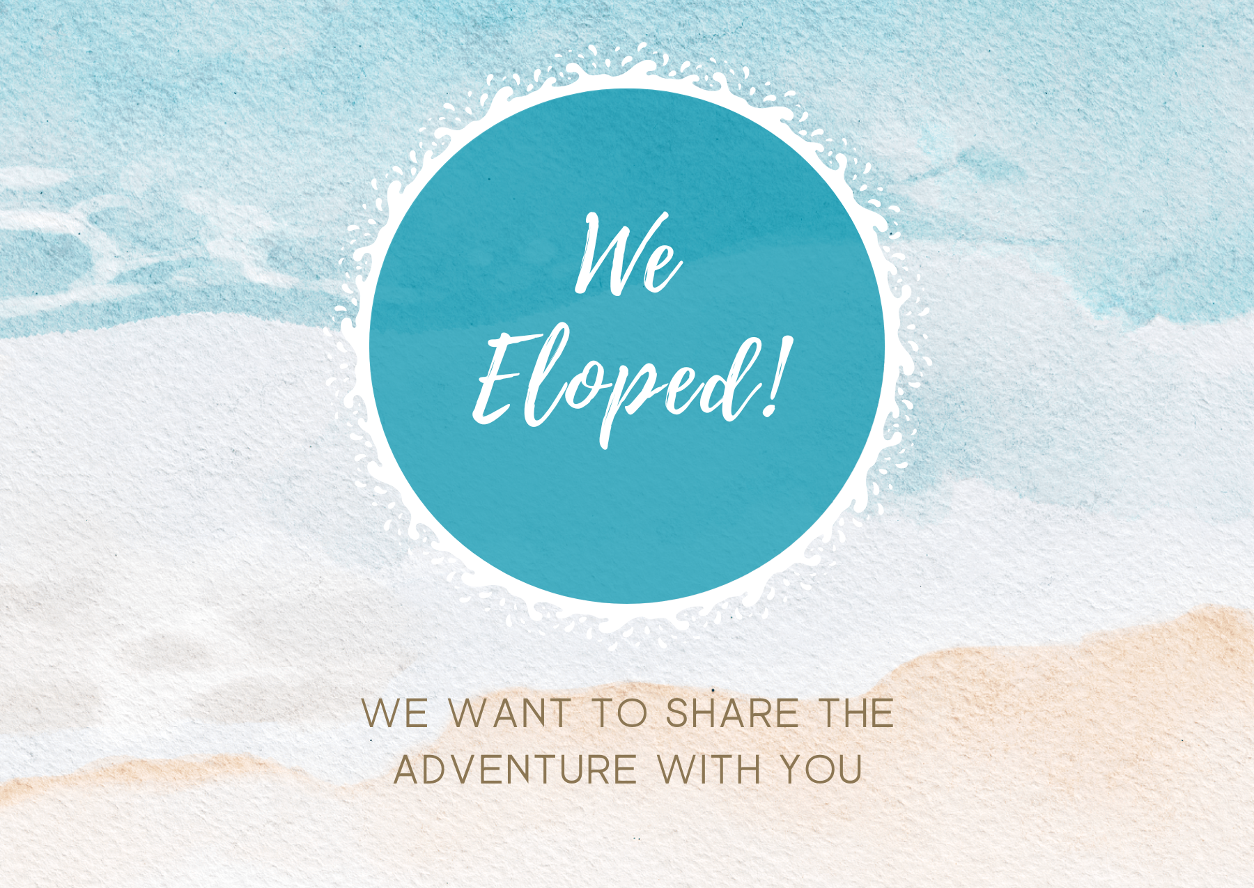 Elopement announcement card with sand, waves and beach colors.