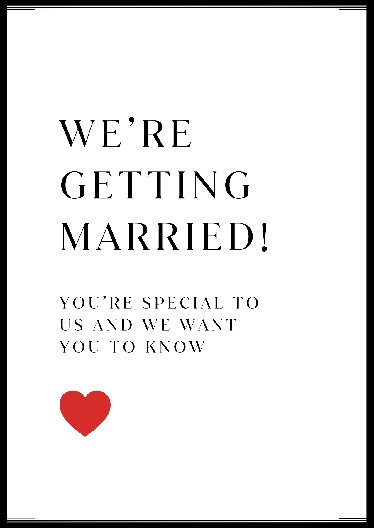 Black and white elopement announcement card with just text and no images except for a red heart.