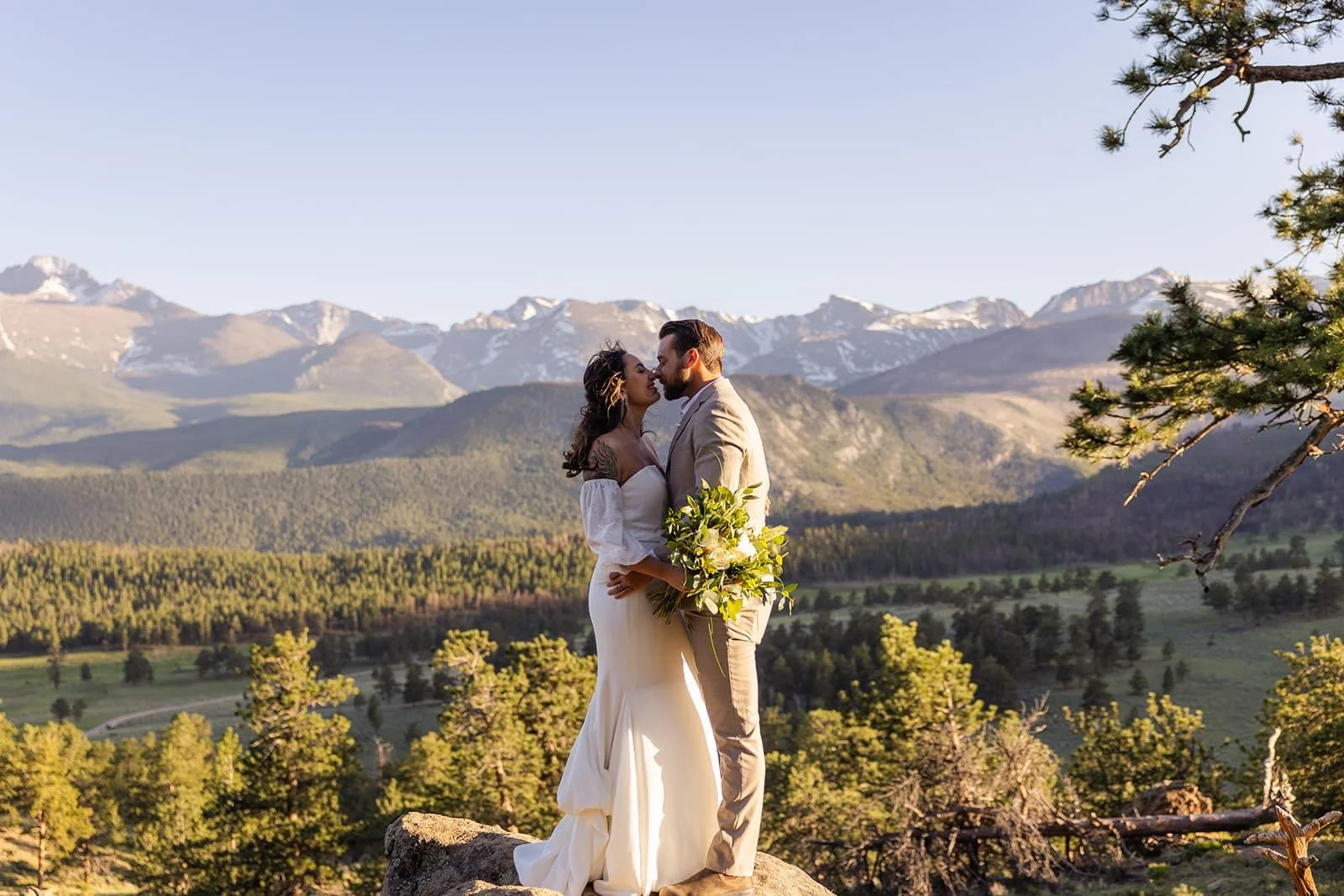 A bride and groom standing on a rock about to kiss with a backdrop of snowy mountains and green meadows.