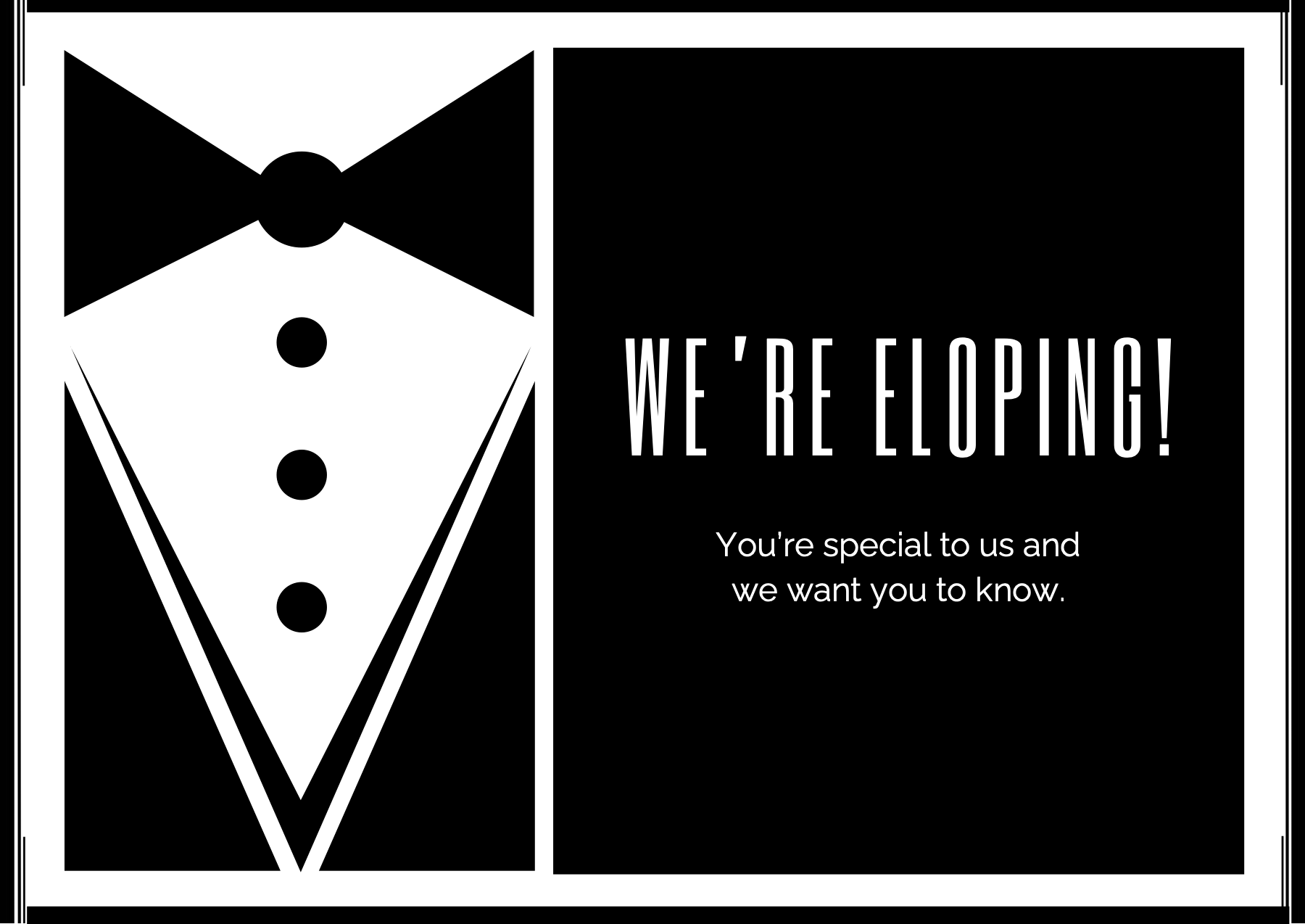 Elopement announcement card with a tuxedo design and black and white color palette.