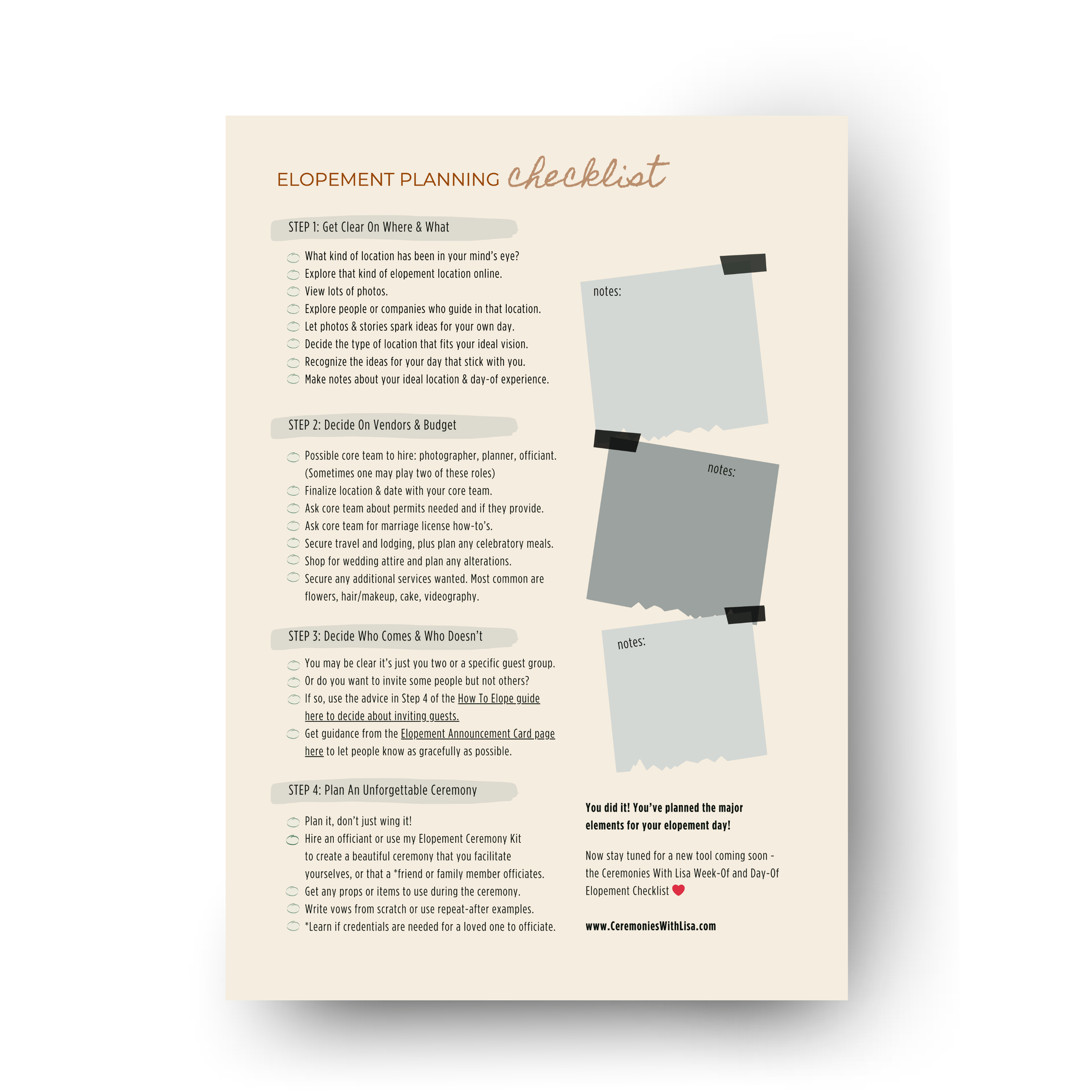 An image of an elopement planning checklist showing items to check off and areas to leave notes.