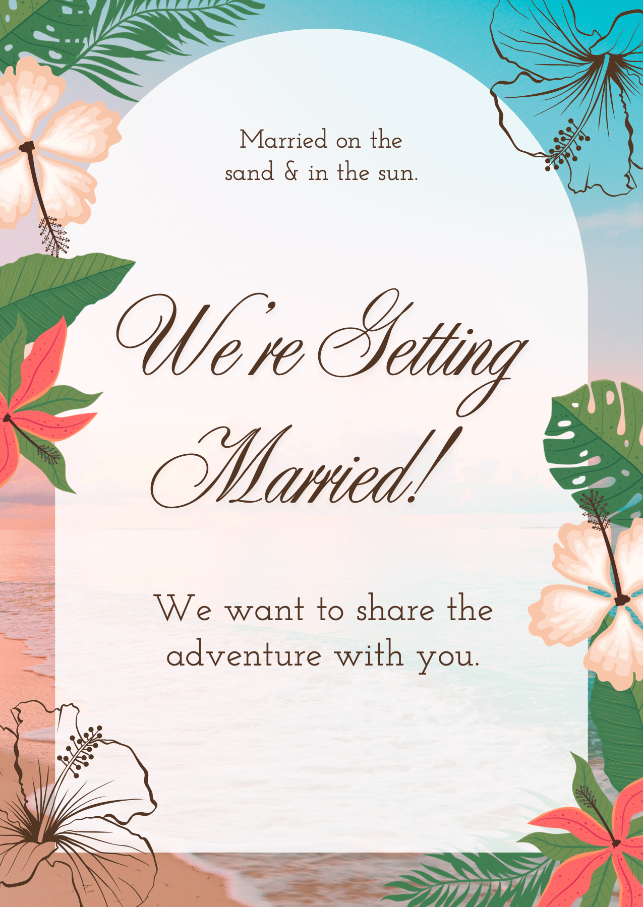 Elopement announcement card with a tropical beach scene.