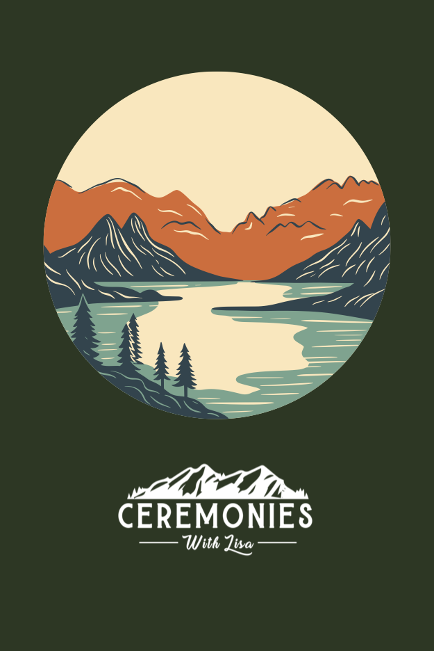 A graphic with a forest green background, while Ceremonies With Lisa logo and line drawing of orange and green mountains with a yellow sky.