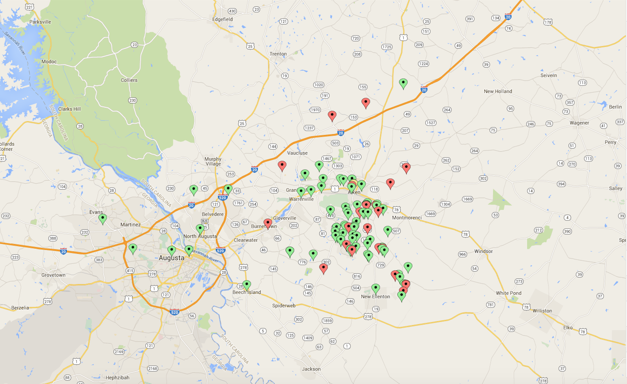 This map comes from the early, early months of our church. Peace from the very beginning has been drawing from all over the CSRA and Aiken. Key: the yellow pin represents the permanent site we are pursuing. The green pins represent people who have expressed serious interest in our church (Many have since joined.). The red pins represent our earliest members.