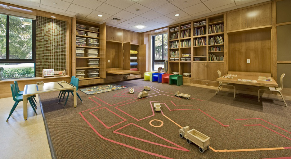 This large, multipurpose communal space hosts varied conversations among teachers and students at The Children's Center at Harvard Business School 