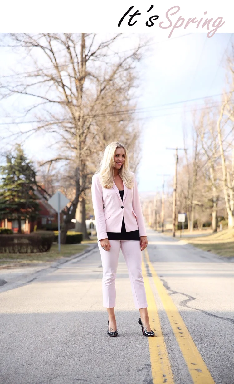 This pretty pink suit is from New York and Company.