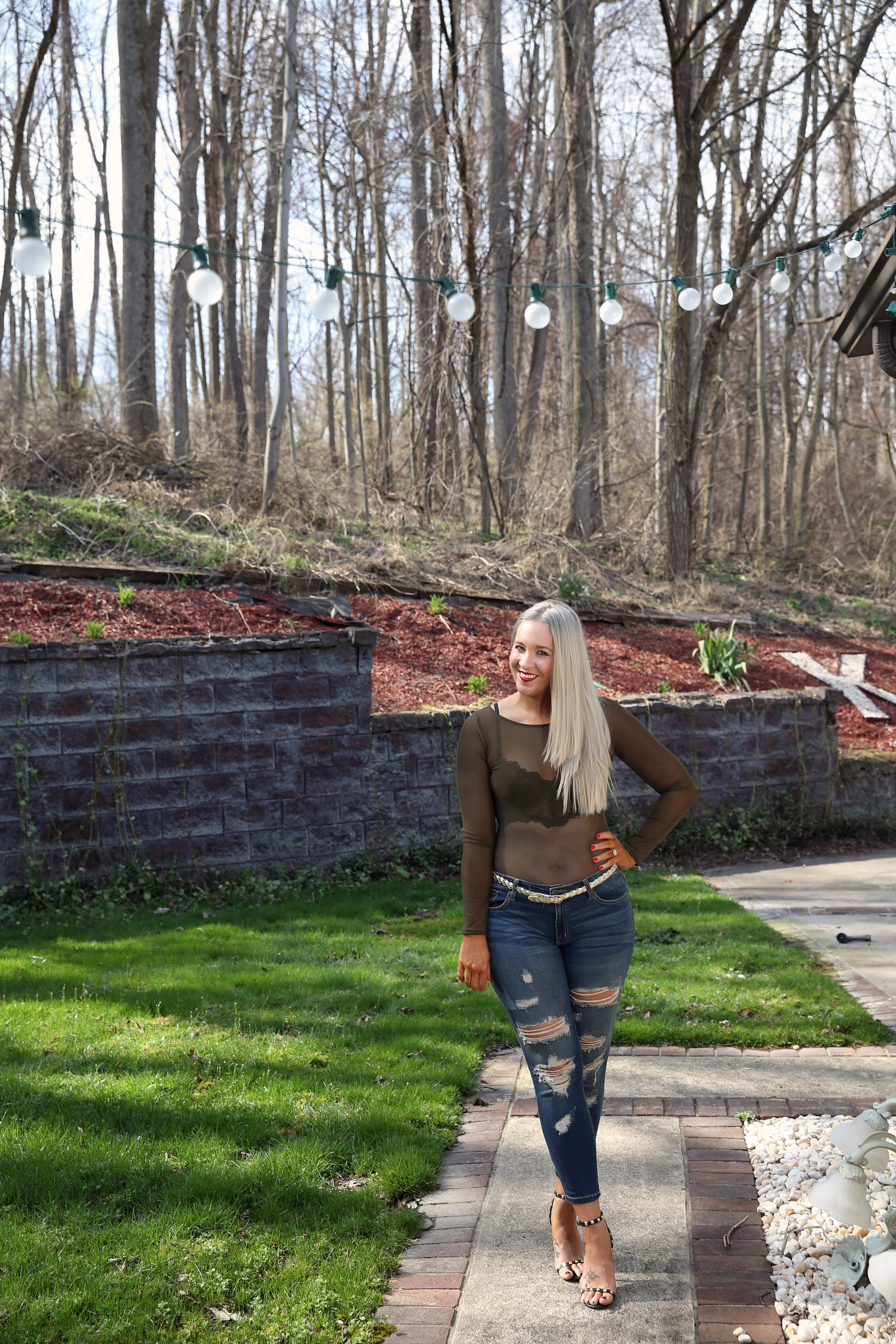 Gwen Mesh Bodysuit: http://www.tobi.com/tops/bodysuits#color_id=92974 , Jeans Target.com, Shoes www.justfab.com