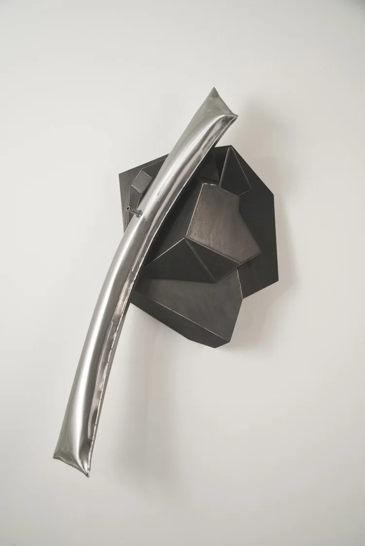 UNTITLED: INFLATION CONSTRUCTION I 2013 STEEL, PLYWOOD, GRAPHITE 36"x 18"x 10"