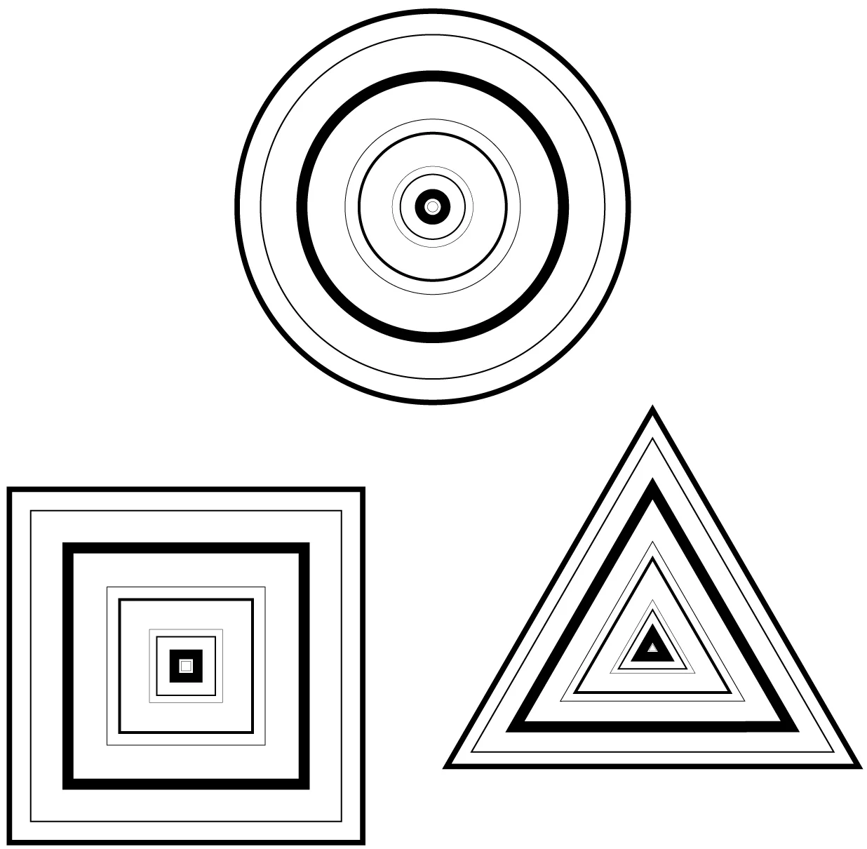     June 12:   Random idea for an identity system that involves scaling, symmetry, and shapes. I decreased the size of each new layer and varied the line weight. I then took this same formula and applied it to a variety of shapes.  