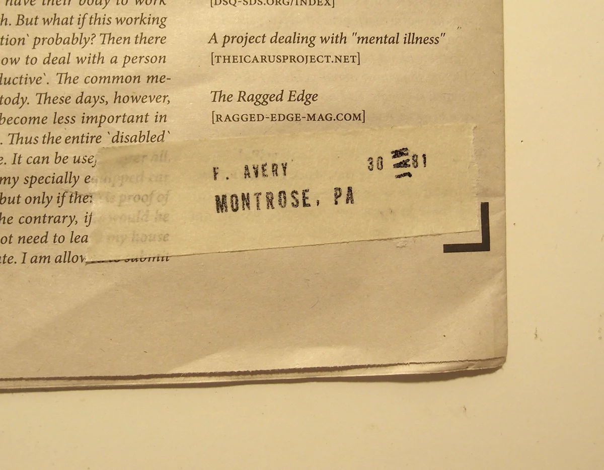     August 9:    An old addres s stamp that was on one of my vintage magazines prompted this idea. I used my little movable type stamp to create it. I wish I had different tape, but masking tape sufficed.  