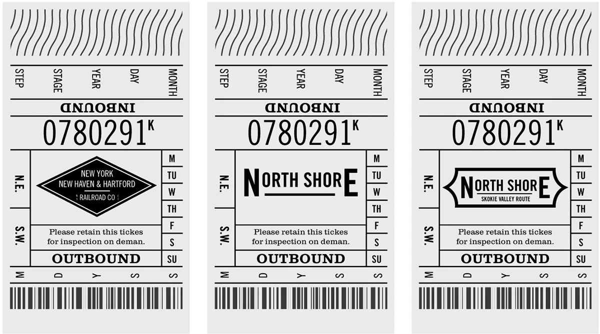     September 4:&nbsp;  An idea for a ticket using some of yesterday’s logos. The layout doesn’t feel fully resolved yet and I want to incorporate some sort of stamped or punched element to it.  