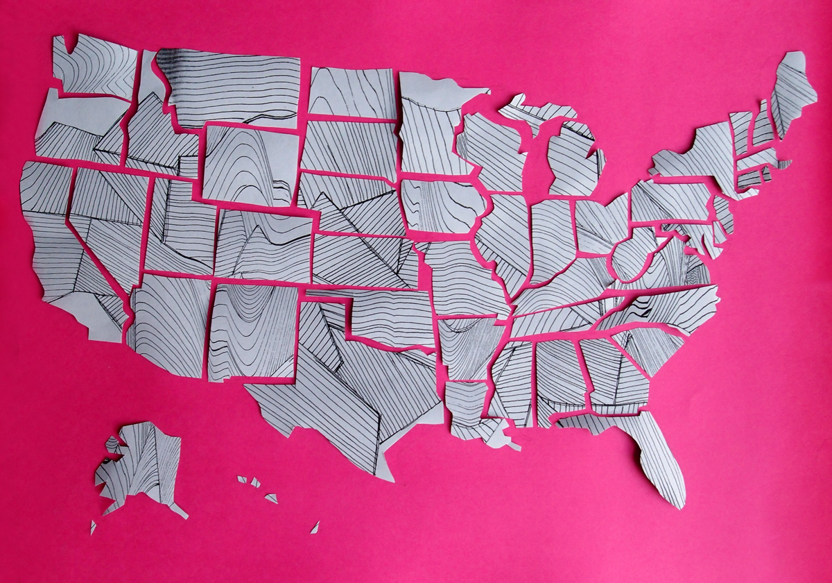     November 18:   I manipulated a line drawing, which I created about month ago for a previous project, over my copier and then printed yesterday’s map in reverse on the back. I cut out each state from various prints and then pieced together the puz