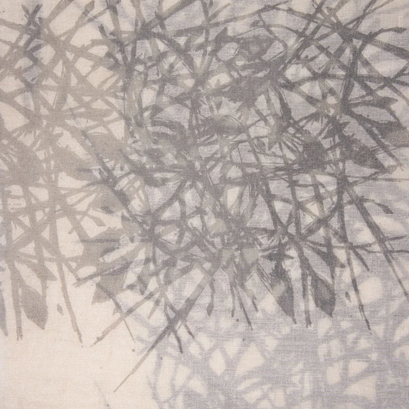 Pigment on silk overlaying screen printed Linen.