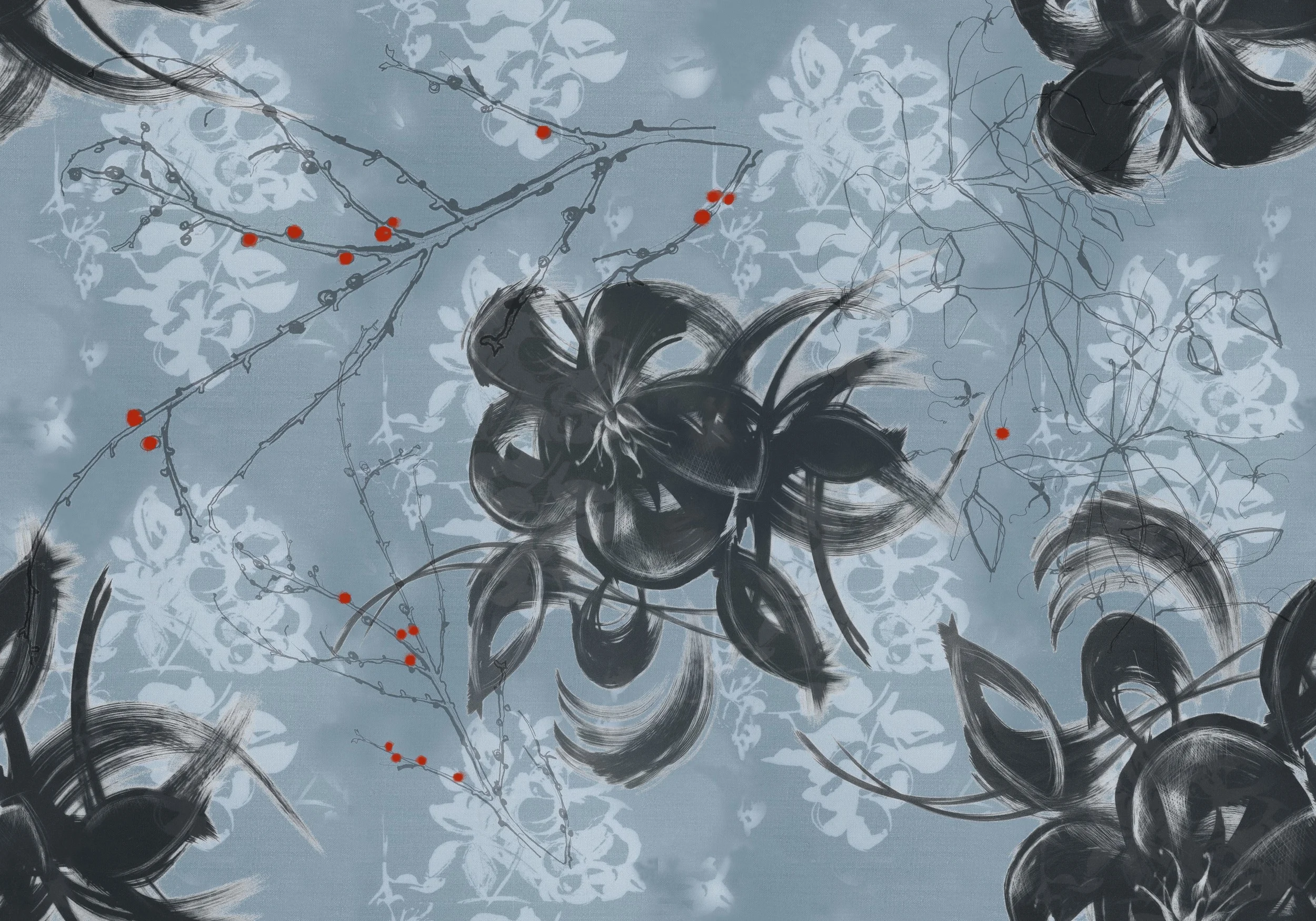 'Hellebores' . Digital fabric design on linen.