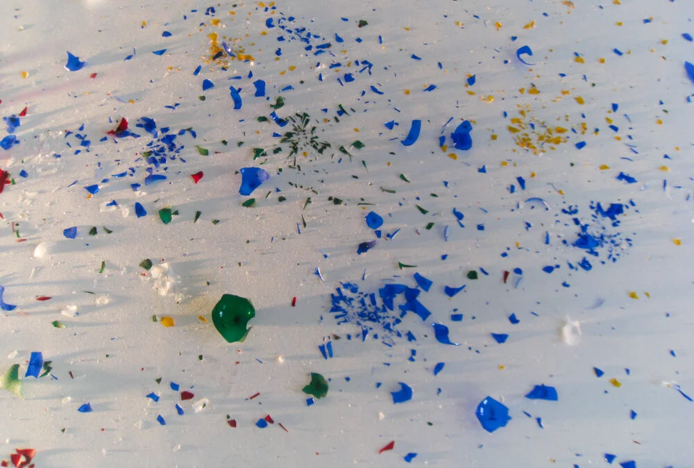 Eggshell Rhapsody (detail), broken color light bulbs, paper roll