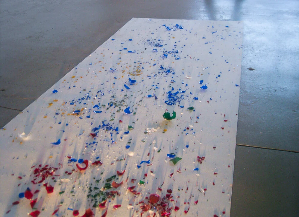 Eggshell Rhapsody, broken color light bulbs, paper roll