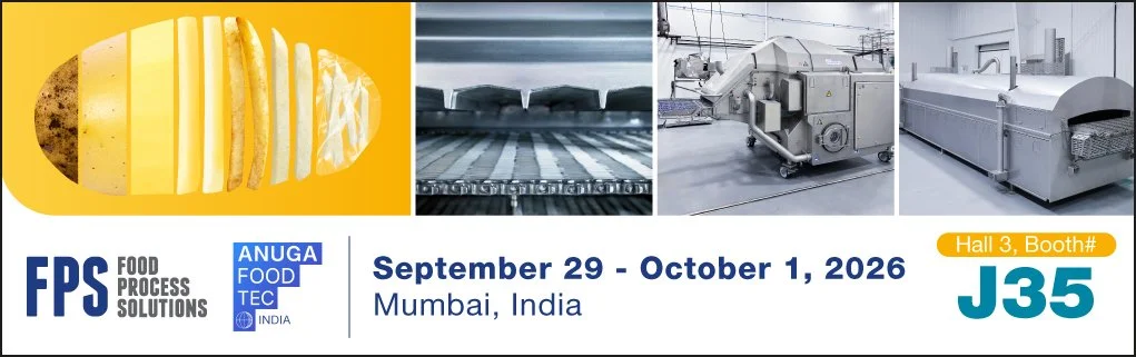 Banner for FPS Food Process Solutions going to Anuga Food Tec showing images of food technology and machinery, with event details: September 29 - October 1, 2026, Mumbai, India, Hall 3, Booth J35.
