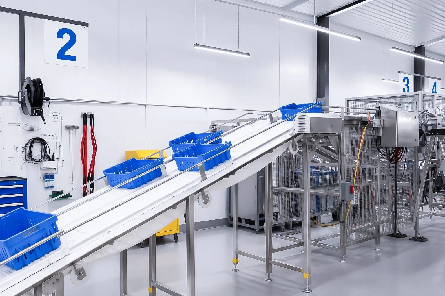 An industrial conveyor belt with blue plastic bins in a clean factory setting. Number 2 sign on wall, tools on the wall, and machinery on the right. This is part of FPS Food Process Solution's end-to-end blueberry processing line.