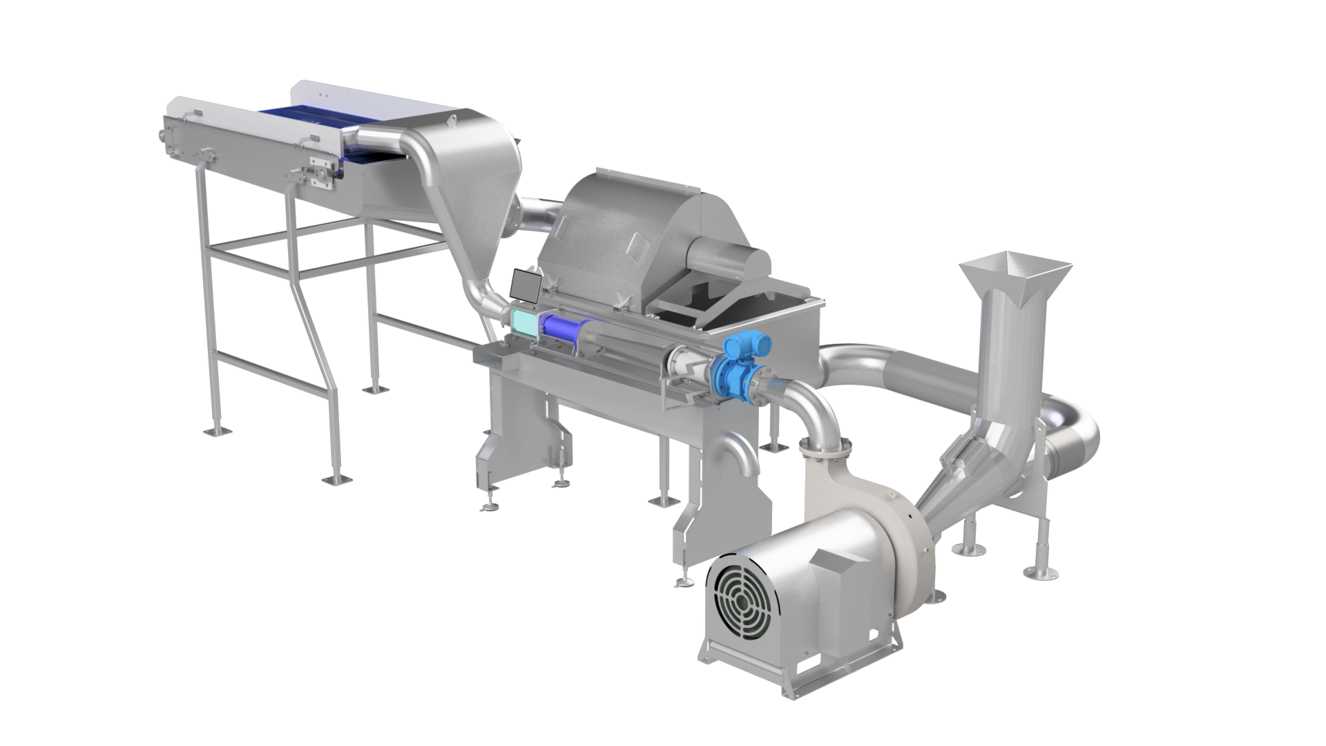 Industrial food processing machine with stainless steel surfaces, pipes, slide, and conveyor belt system.