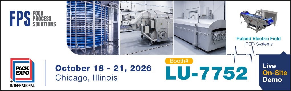 Exhibition banner for Food Process Solutions at Pack Expo 2026 in Chicago, Illinois, featuring images of food processing machinery, Pulsed Electric Field (PEF) systems, booth number LU-7752, and details about live on-site demos from October 18 to 21.