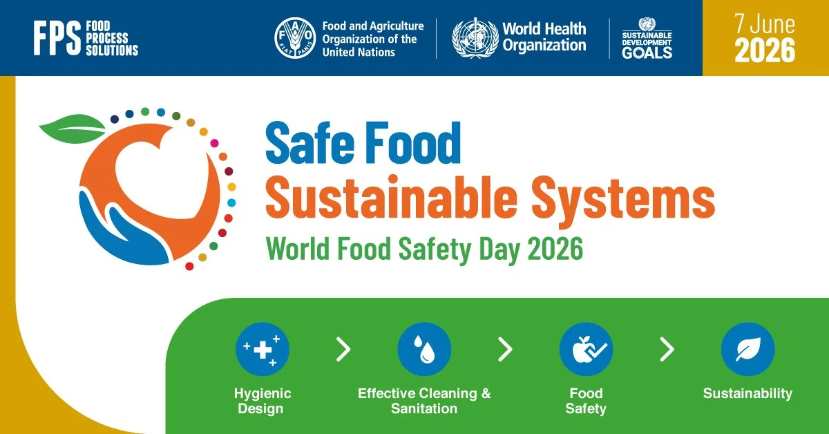 Design celebrating World Food Safety Day 2026 with icons representing hygienic design, effective cleaning and sanitation, food safety, and sustainability connections