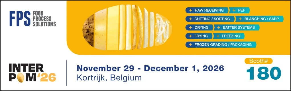 Event badge for INTERPOM 2026, held in Kortrijk, Belgium from November 29 to December 1, 2026. The badge features a sliced potato graphic at the top and a list of food processing solutions including raw receiving, PEF, cutting and sorting, blanching and SAPP, drying, batter systems, frying, freezing, and frozen grading and packaging. The booth number is 180.