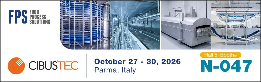 Promotional banner for FPS Food Process Solutions going to CIBUS TEC event at Parma, Italy, from October 27 to 30, 2026, with images of food processing machinery and equipment.