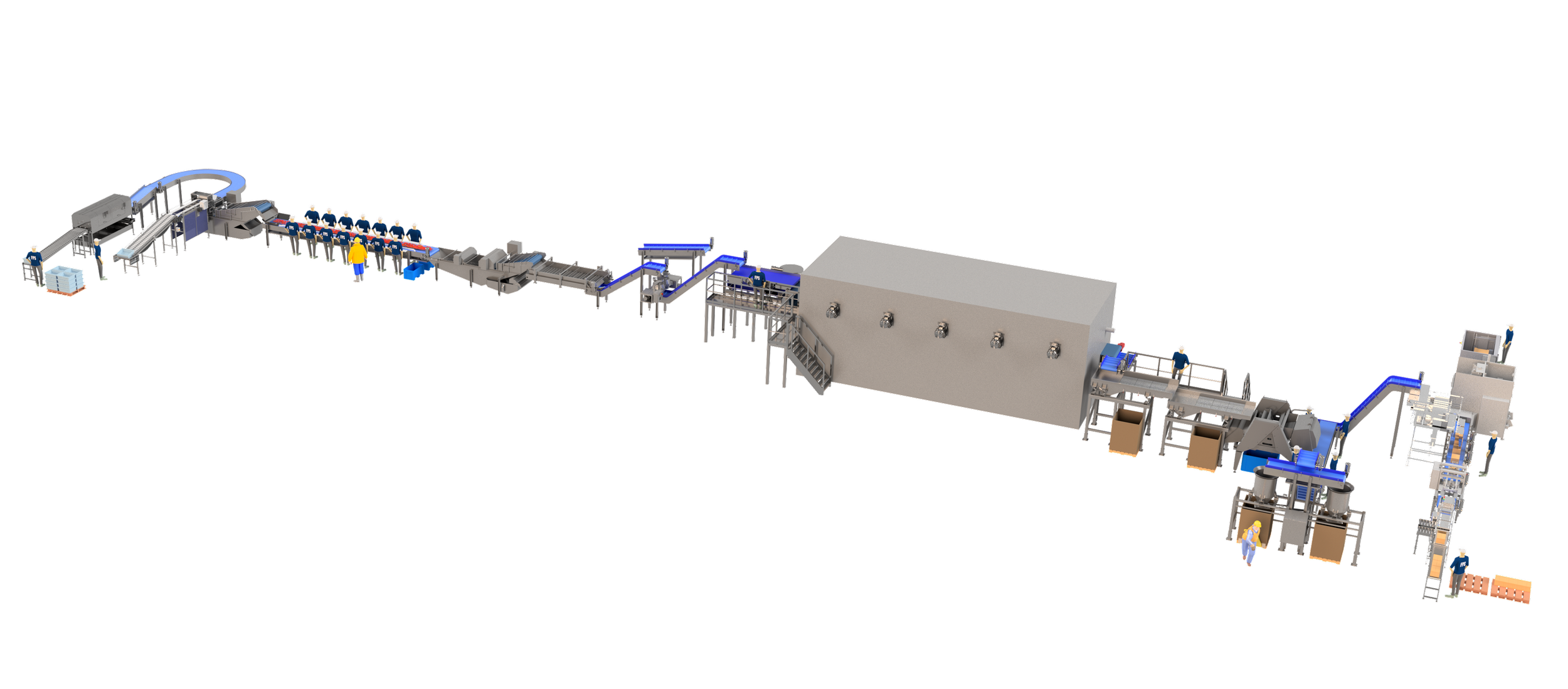A detailed 3D rendering of a an end-to-end strawberry processing line.