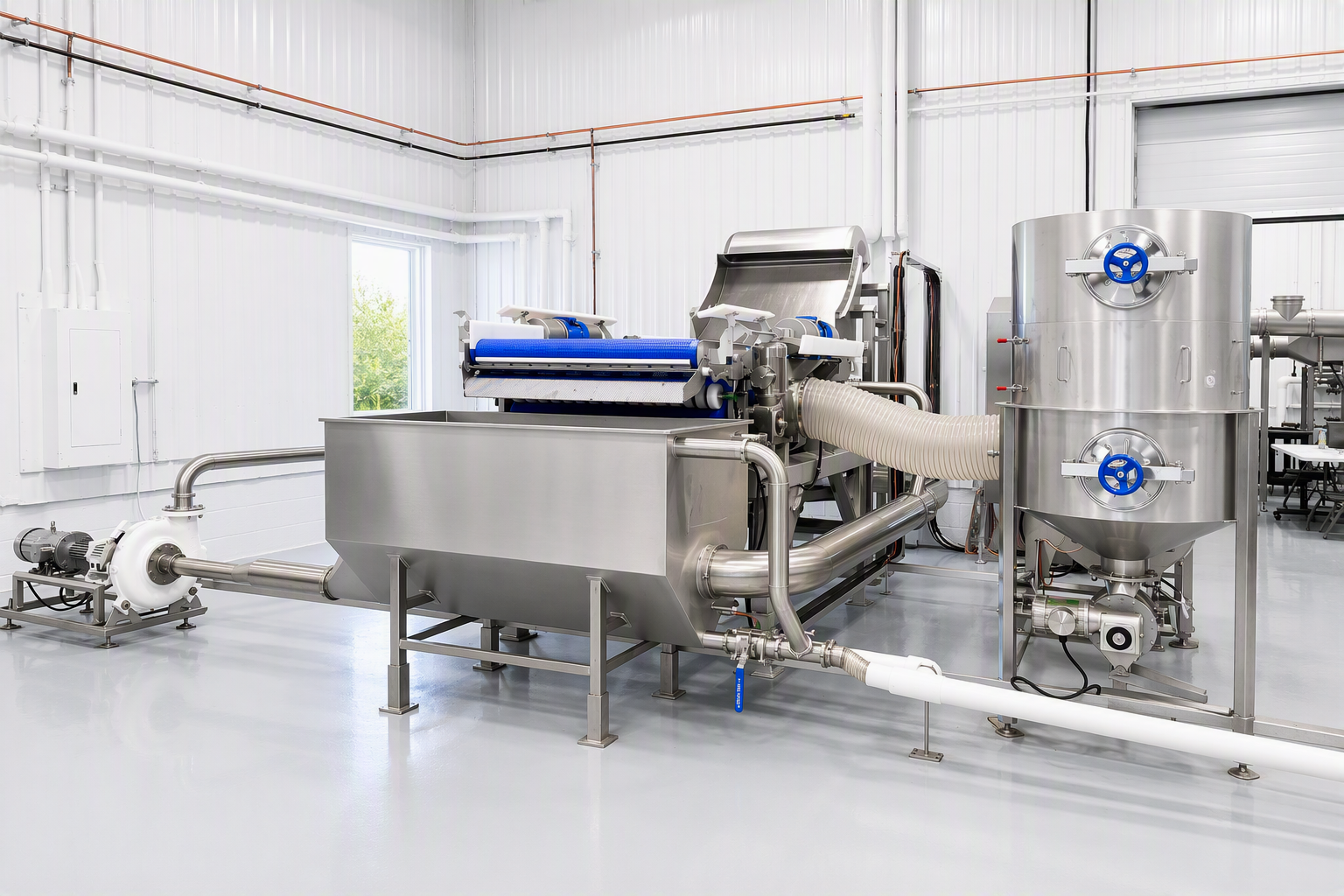 A FRS (Fluid Removal System) made of stainless steel with pipes, valves, and gauges in a clean, brightly lit facility with white walls and a large window.