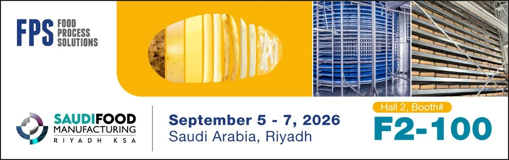 Event banner for Saudi Food Manufacturing in Riyadh, Saudi Arabia, from September 5 to 7, 2026. Features the FPS Food Process Solutions logo, images of food processing or storage equipment, and details of the location and booth number F2-100 in Hall 2.