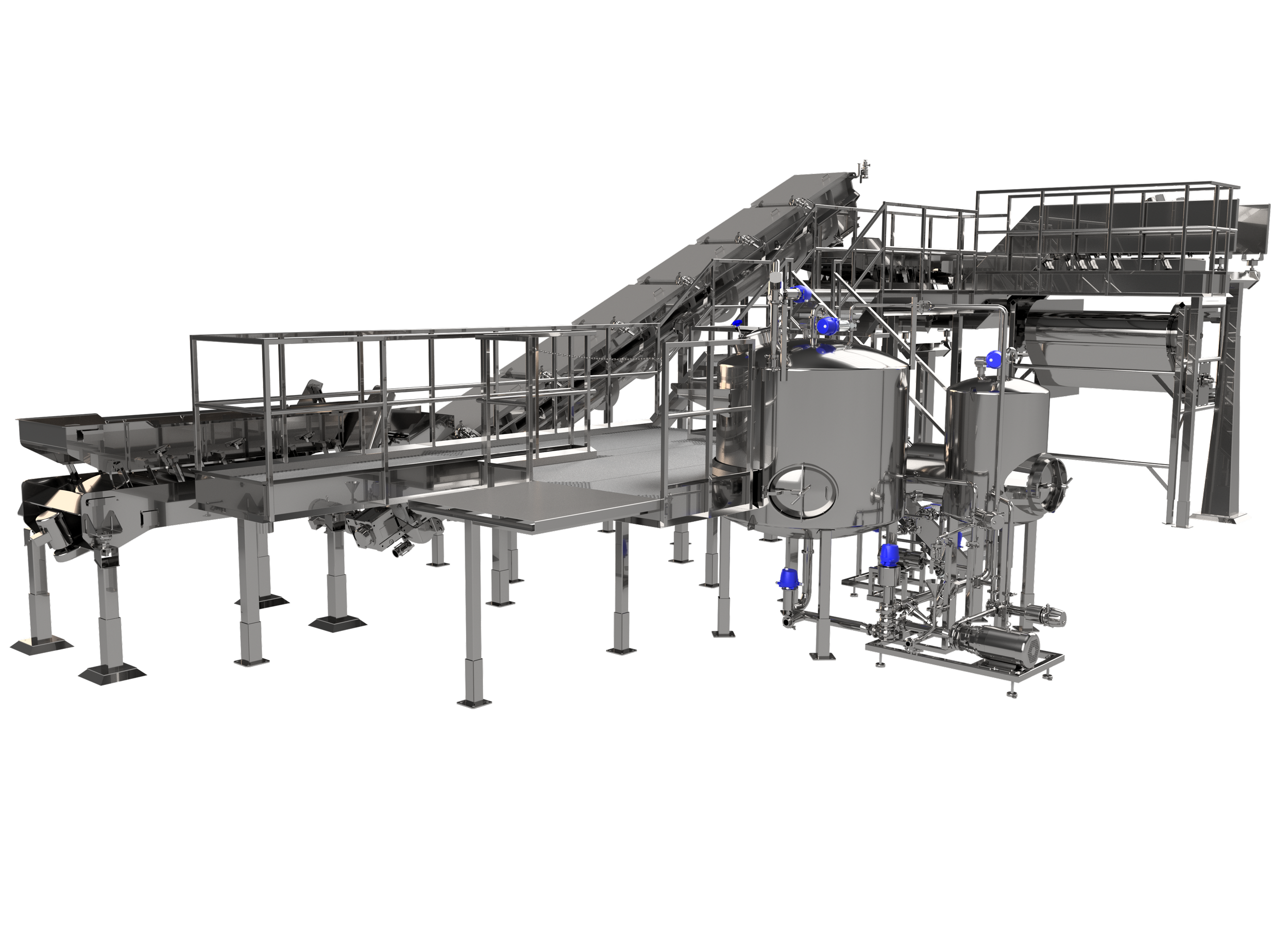 Stainless steel industrial processing machine with conveyor belts, tanks, pipes, and valves on a black background.