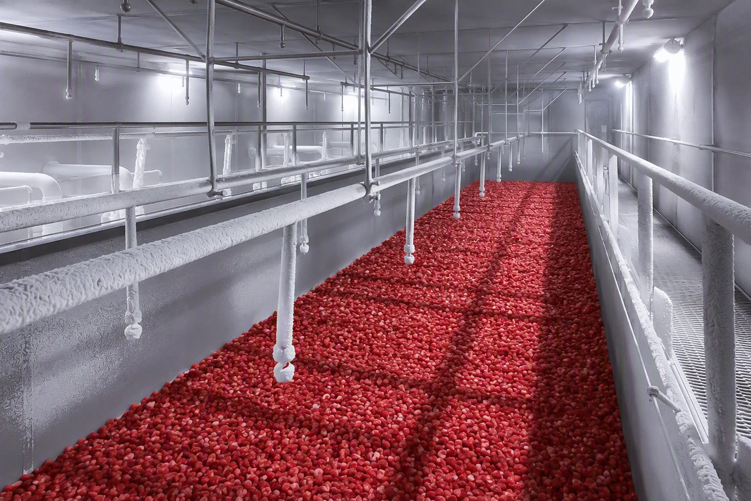 The inside of a freezer tunnel that is currently processing strawberries.