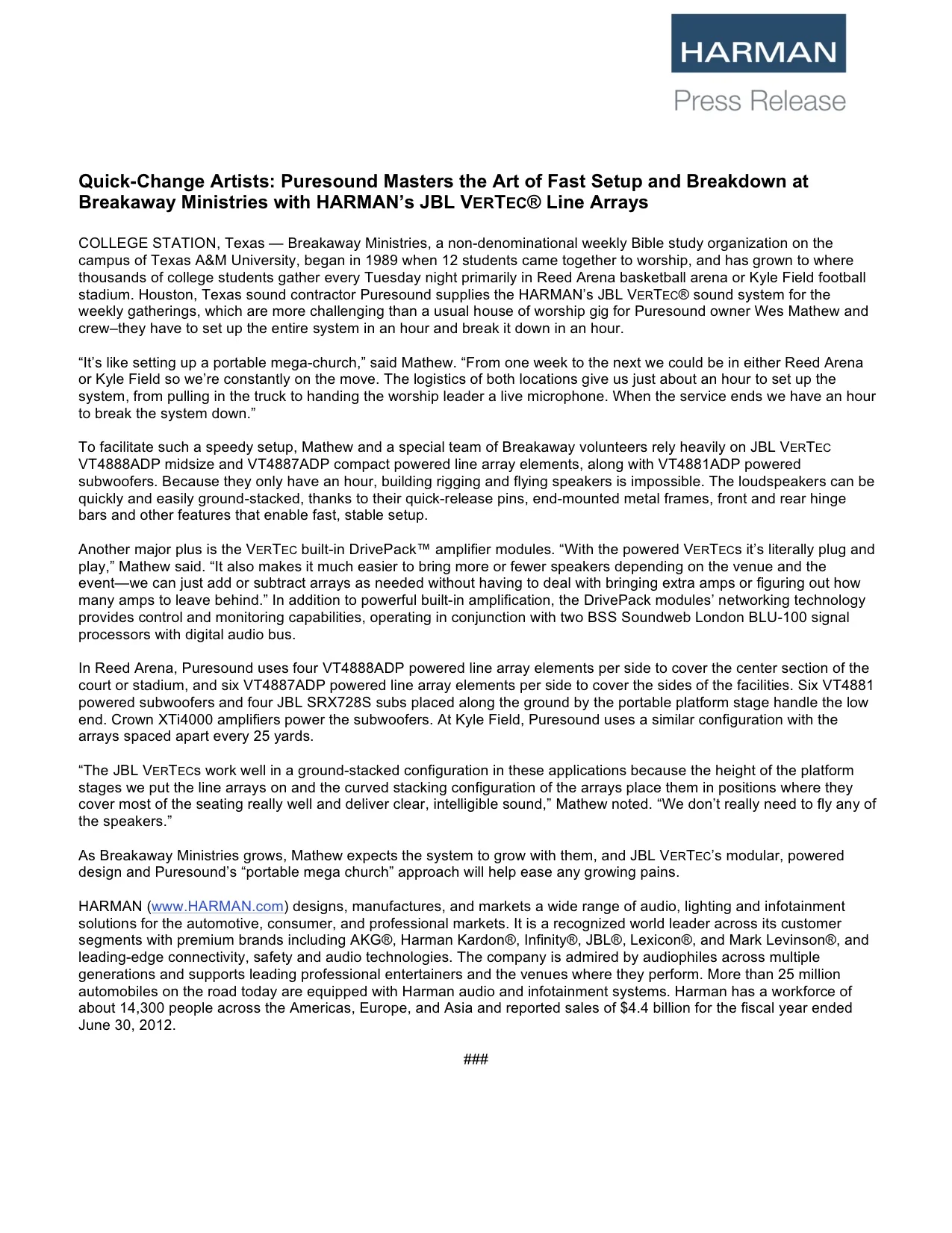 HARMAN PRESS RELEASE VERTECS